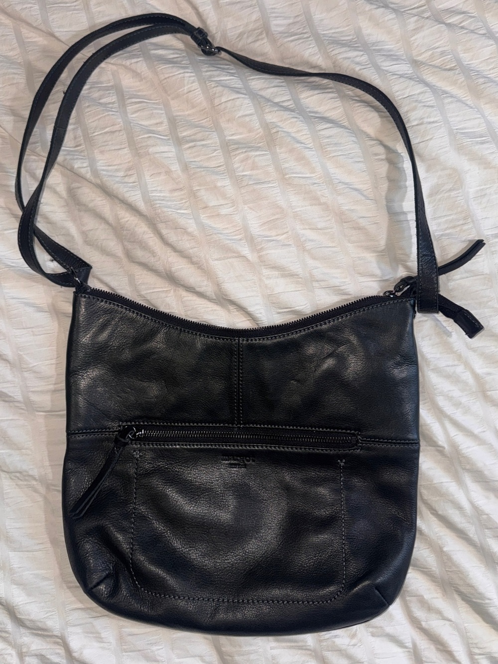 Margot Black Leather Crossbody Shoulder Bag zip top side pockets medium sized